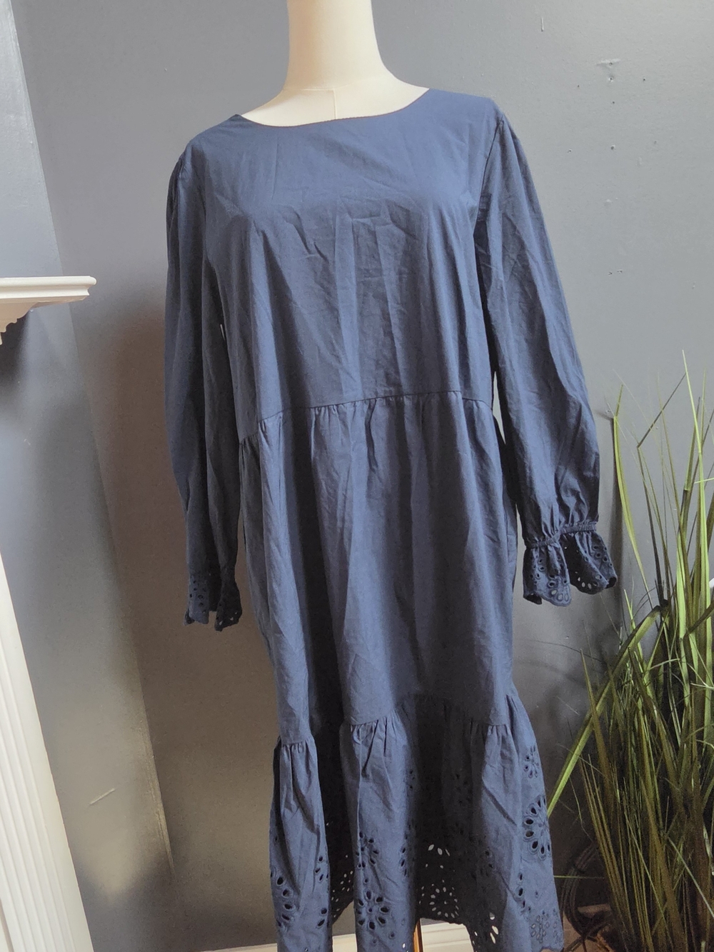 Navy Long Sleeve Eyelet Tiered Midi Dress